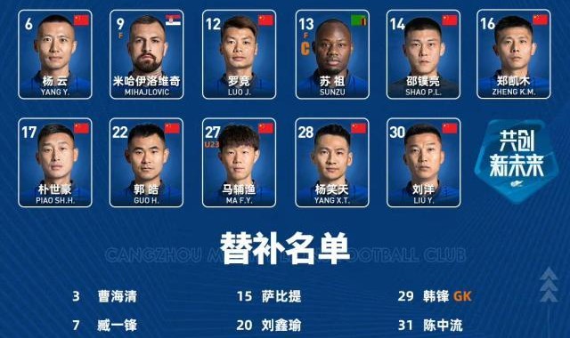 九游体育-沧州雄狮VS成都蓉城首发：成都三主力停赛